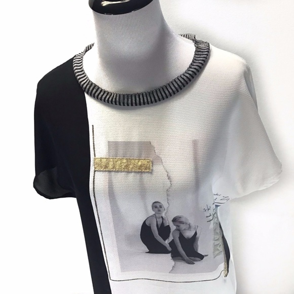 🦋Zara Ballerina Mixed Media Gold Dressy Blouse - Picture 3 of 7